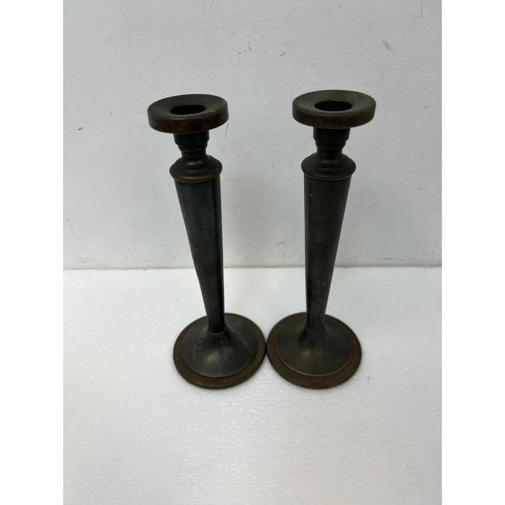 Vintage Arts & Crafts Metal Candlestick Holders Pair Tapered 9